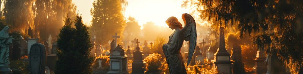 Fototapeta premium Marble statue of grieving angel, memorial monument slab on sunny cemetery background. Banner template of sadness, hope, religious architecture for death ceremony and funeral services copyspace