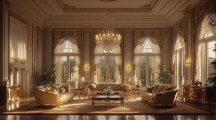 Elegant Living Room with Gold Accents and a Large Crystal Chandelier