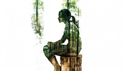 Obraz premium Silhouette of a woman made of trees and leaves on a white background. The concept is Mother Nature. Environmentally friendly. Creative. integration of humans with nature, respect for nature