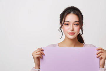 Fototapeta premium Creative portrait of a young woman holding a lavender sheet in a minimalist studio setting