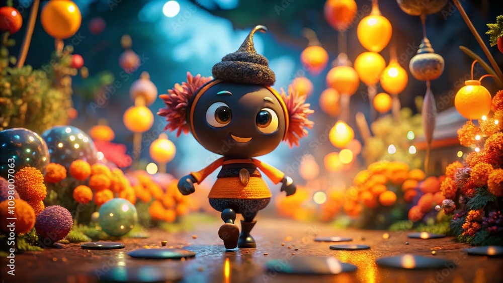 Poster vibrant black and orange character in a dynamic scene with high depth of field, showcasing striking 