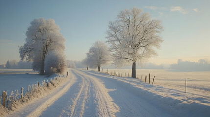 Obraz premium Winter Landscape Illustration: Frosty Trees and Snowy Road