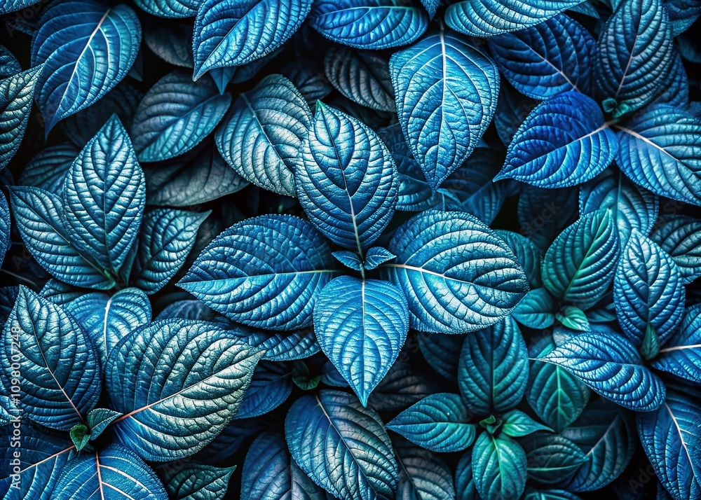 Poster vibrant blue plant leaves showcasing intricate textures and patterns in a serene setting with ample 