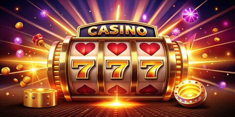 Vibrant Casino Banner Featuring a Golden Slot Machine with 777 Symbols, Perfect for Promotions and Advertising in Gaming and Entertainment Industries