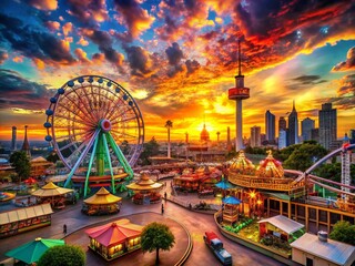 Obraz premium Vibrant City Amusement Park Scene Featuring Colorful Rides and Attractions with a Dynamic Sky, Perfect for Capturing the Excitement of Urban Entertainment and Family Fun