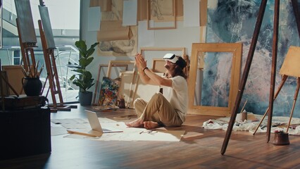 An Artist Uses VR to Immerse Himself in a Virtual Studio, Creating and Exploring New Artistic Worlds. Combines Traditional Art Techniques with Modern Digital Tools in an Innovative Virtual Environment