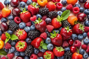 Fototapeta premium Vibrant Collection of Different Berries and Fruits Isolated on a White Background Showcasing Nature's Colors and Textures in Perfectly Balanced Composition