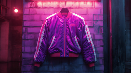 Fototapeta premium A stylish bomber jacket hangs against a vibrant pink wall, casting playful shadows from the morning light in a cozy room.