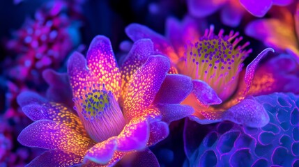 Obraz premium Close-up of vibrant purple and gold flowers with glowing pollen.