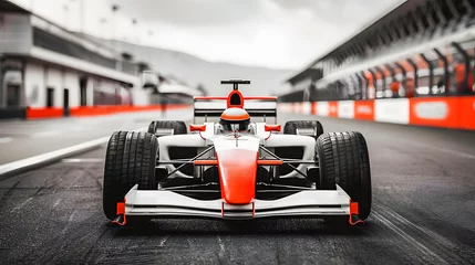 Gordijnen A racing car is on a track with a red and white stripe. The car is stopped, waiting to start. Front view. © Mer