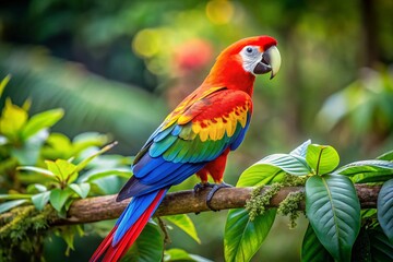 Fototapeta premium Vibrant Colorful Parrot Perched on a Branch in Manuel Antonio National Park, Quepos, Costa Rica Surrounded by Lush Greenery and Tropical Flora