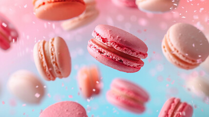 Obraz premium Flying macaron cakes background. 