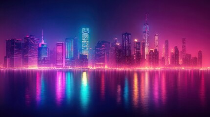 Obraz premium A vibrant city skyline illuminated by colorful lights reflecting on the water at night.