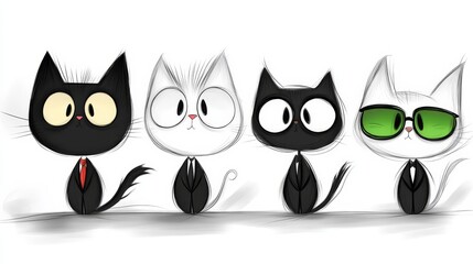 A group of four black and white cats wearing sunglasses