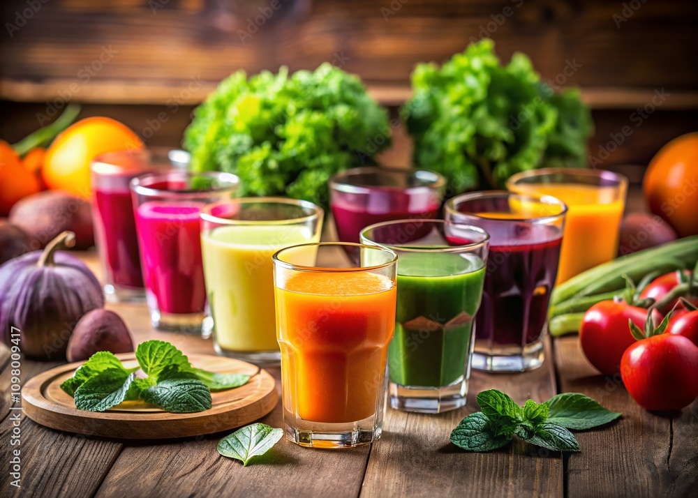 Poster vibrant display of freshly squeezed juices from an assortment of fruits and vegetables in a tilt-shi