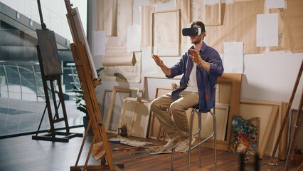 An Artist Uses VR to Immerse Himself in a Virtual Studio, Creating and Exploring New Artistic Worlds. Combines Traditional Art Techniques with Modern Digital Tools in an Innovative Virtual Environment