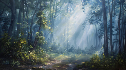 Obraz premium An enchanting landscape painting portraying a misty forest shrouded in fog, with sunlight filtering through the dense canopy and casting ethereal shadows on the forest floor.