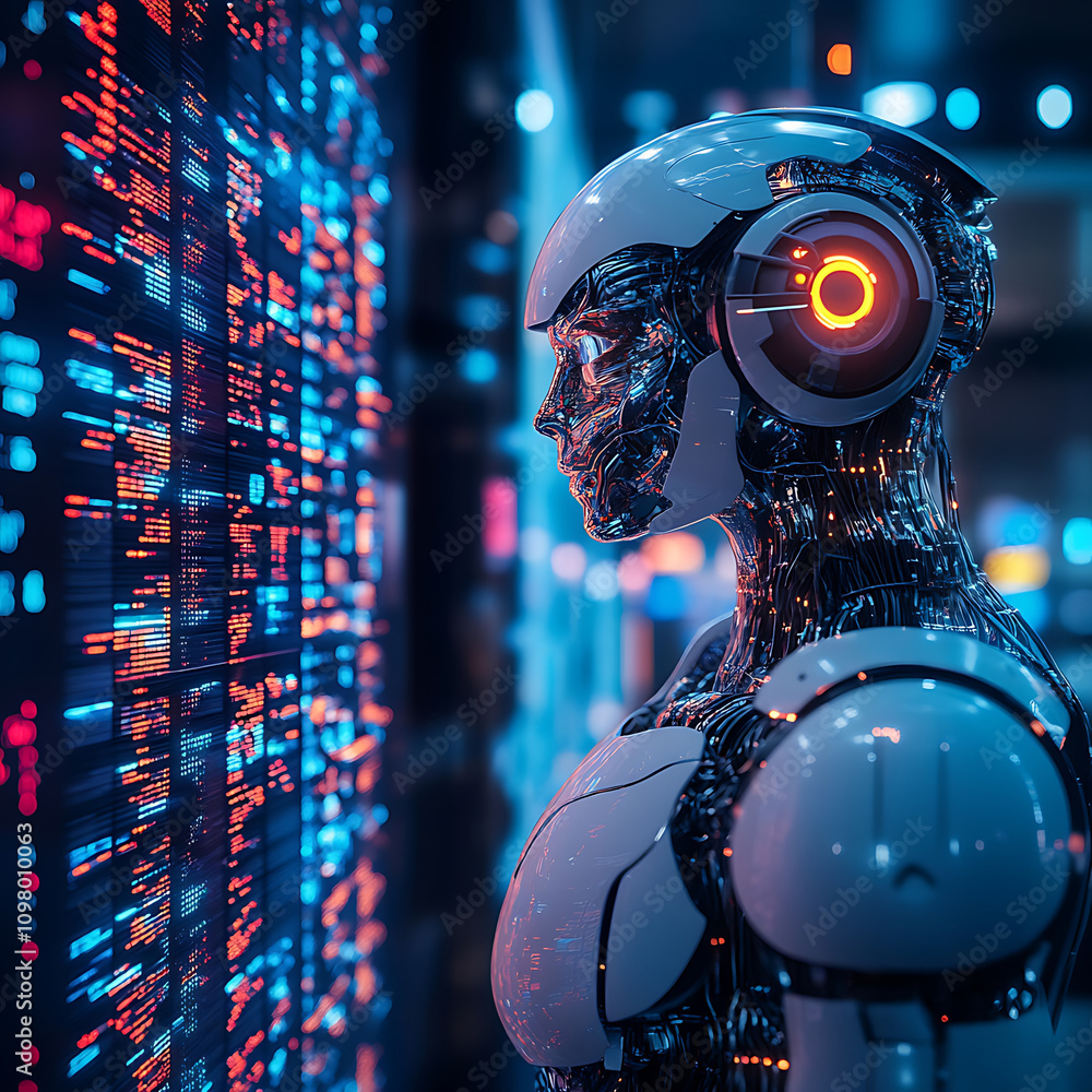 Poster futuristic robot analyzing stock market data with glowing screens. advanced technology showcases ai 