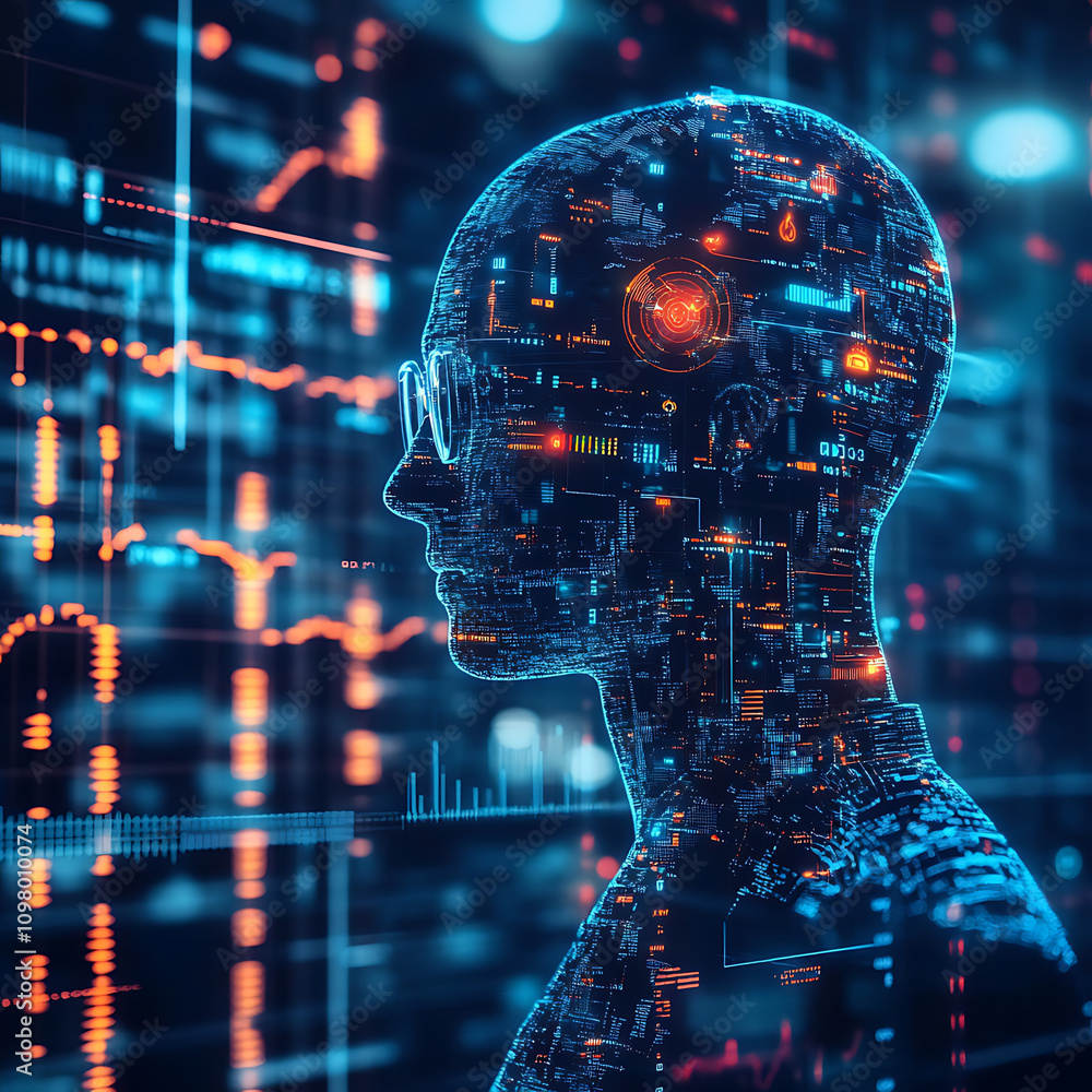 Poster digital representation of human head filled with glowing data patterns, symbolizing ai and technolog