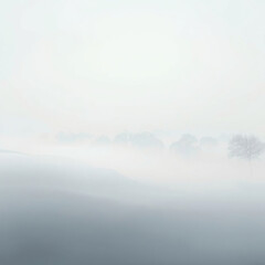 dreamy white mist with faint trees in the distance, foggy scene, misty landscape