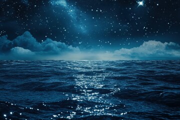 Captivating ocean view featuring glowing plankton under a starlit sky mirrored in calm seas, establishing a fantasy atmosphere