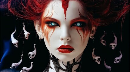 Fototapeta premium A woman with red hair and blue eyes surrounded by skulls