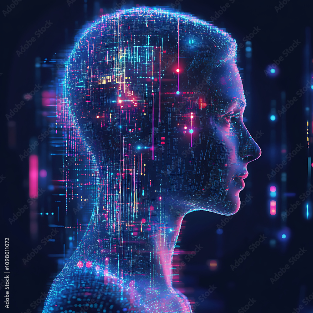 Poster digital representation of human head with holographic data streams, symbolizing ai and technology. v