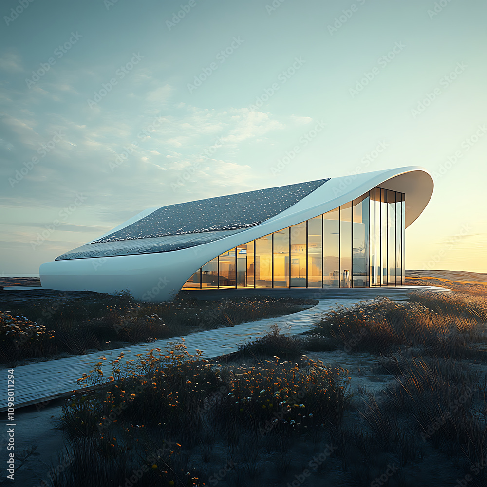Poster modern architectural design featuring unique curved structure with large glass windows, surrounded b