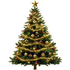 Fototapeta premium Festive Gold and Red Christmas Tree with Lights