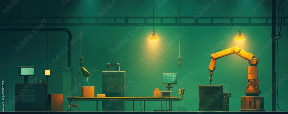 Poster industrial factory with iot-enabled machines and robotic arms operating in a modern production envir