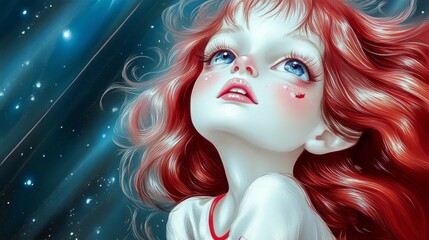 Fototapeta premium A girl with red hair and blue eyes looking up at the sky