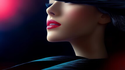 Fototapeta premium A woman with a black hat and red lipstick