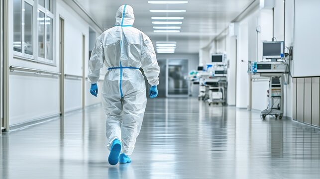 Hospital staff member in protective overalls walking down brightly lit corridor with purposeful stride towards patient care area