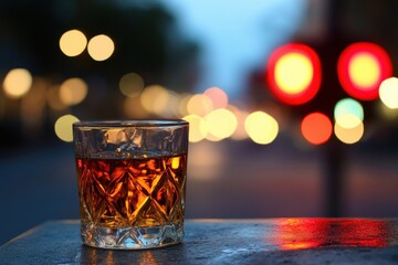 An empty whiskey glass beside a traffic light, symbolizing the struggle to overcome alcohol addiction