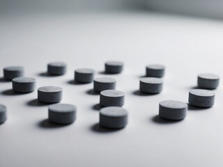 Activated Carbon Tablets on Light Background.