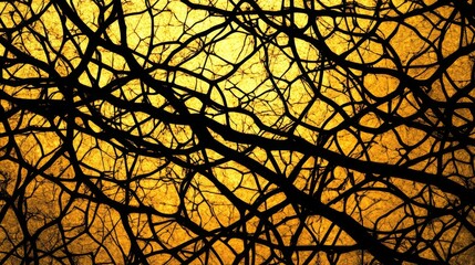 Obraz premium Intricate silhouette of bare branches against a golden background.