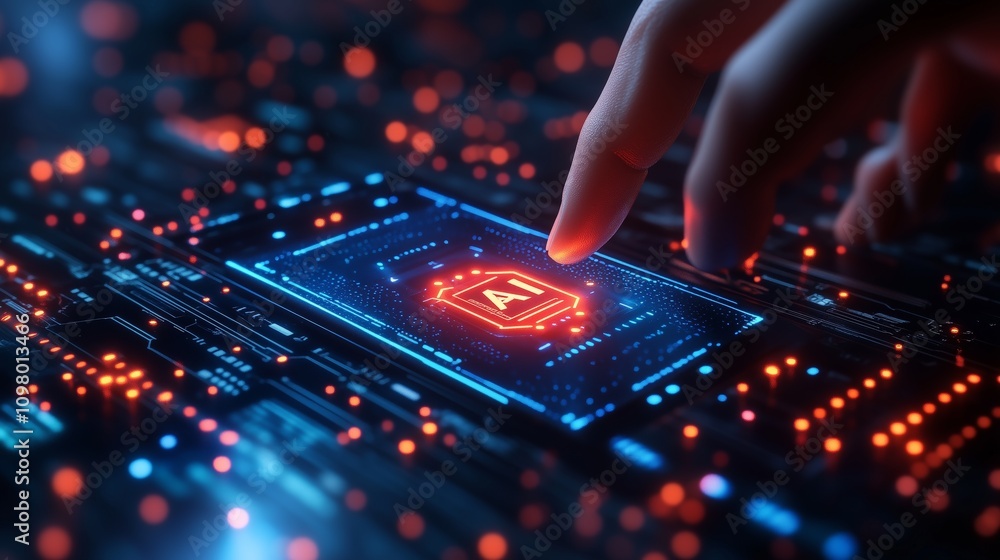 Poster 3d rendering showcases a finger touching an advanced ai interface on mobile technology, surrounded b