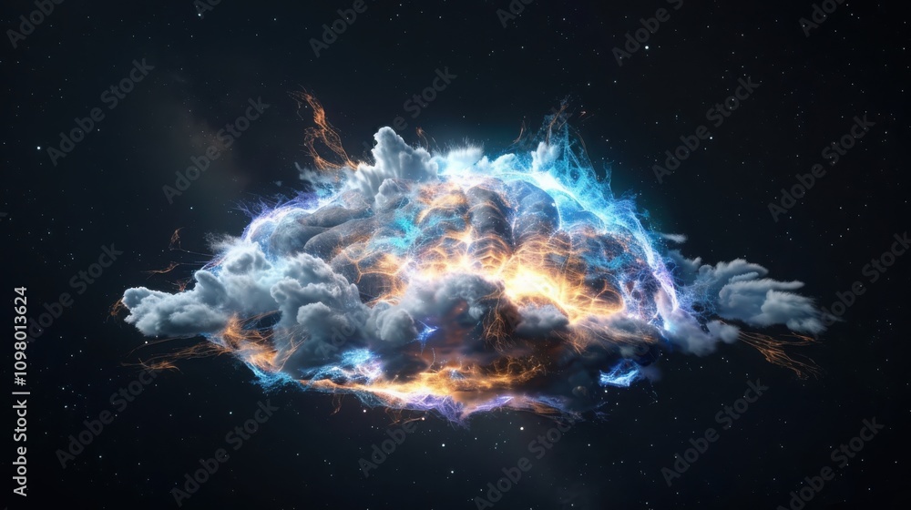 Poster floating glowing digital brain dark space hyperrealistic visualization neural networks abstract conc