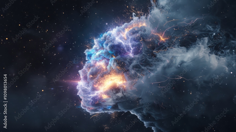 Poster floating glowing digital brain in dark space hyperrealistic neural networks with blue and purple ene