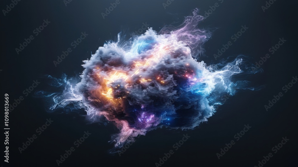 Poster exploring the floating glowing digital brain dark space hyperrealistic visualization neural networks