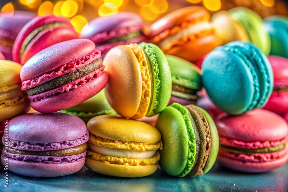 Poster vibrant multicolored french macarons displayed elegantly against a soft background in a captivating 