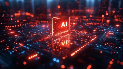 Obraz premium A glowing AI text is prominently displayed amidst an illuminated digital circuit, highlighting a futuristic concept of artificial intelligence and technological advancement.