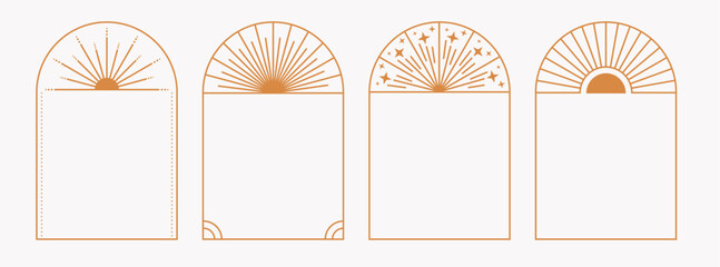 Golden geometric frames with ornament star and sunbeam in art deco style. Minimalistic modern aesthetic linear arch. © Nastya