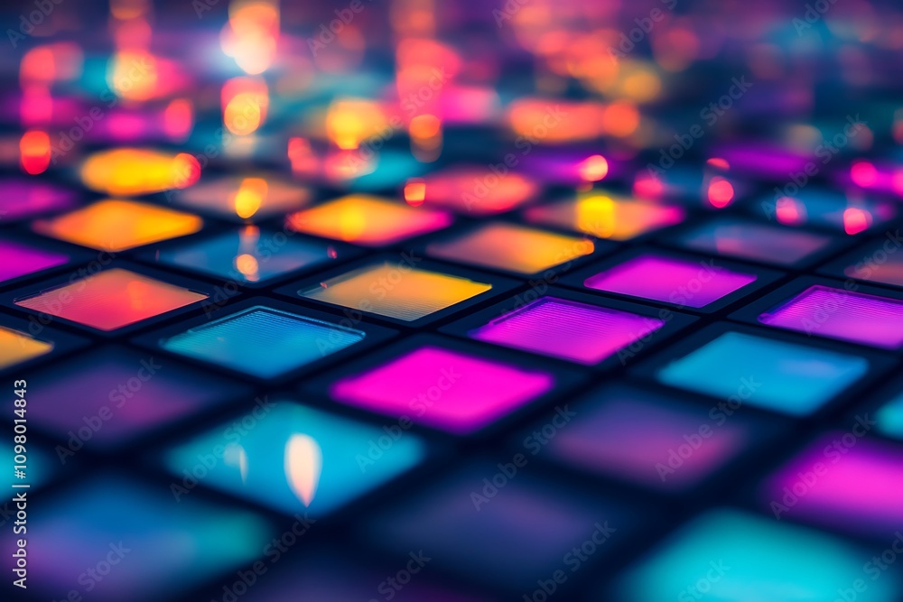 Poster a colorful array of illuminated tiles creating a vibrant, dynamic surface.
