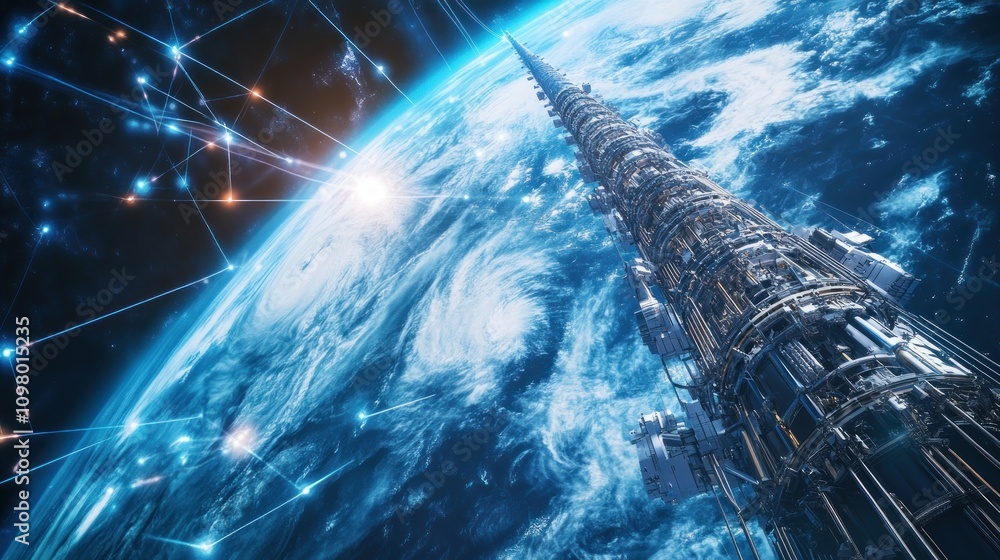 Poster futuristic space elevator extending from earth to space, showcasing global network connections.