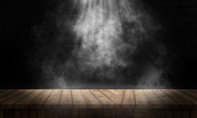 empty wooden table with smoke float up on dark background Empty Space for display your products

