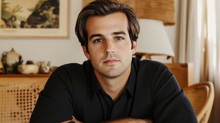 Fototapeta premium Portrait of a Pensive Young Man in a Cozy Home Environment