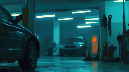 Fototapeta premium Empty Garage with Parked Cars and Neon Lighting in Blue Tones