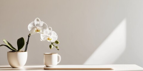 serene workspace with white orchid and coffee mug.