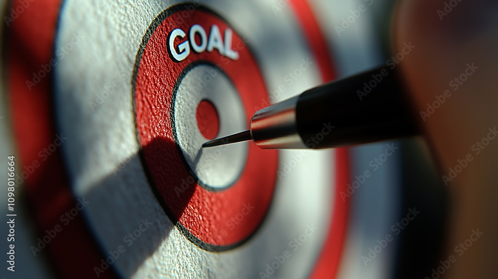 Poster dartboard with dart targeting goal center precision close-up